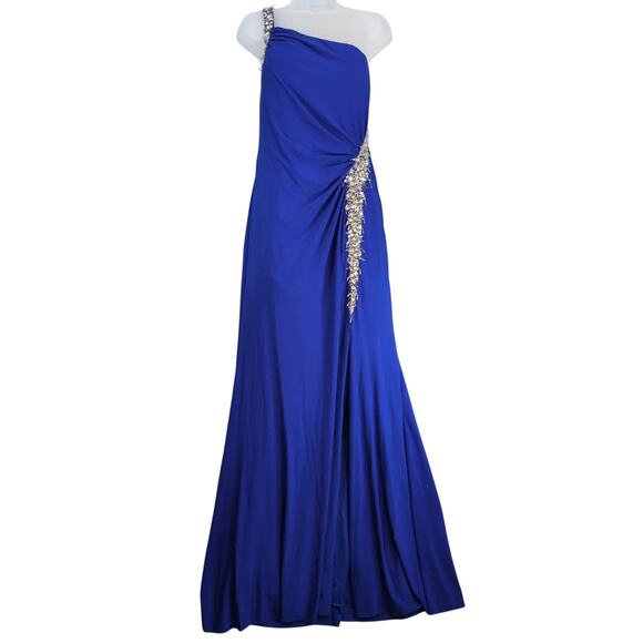 Milano Blue One Shoulder Dress Sz 14 Cascading Rhinestones Mermaid Prom Formal - Picture 1 of 10